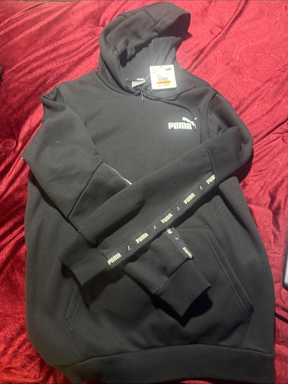 Puma Black Hoodie with White Logo and Logo Tape